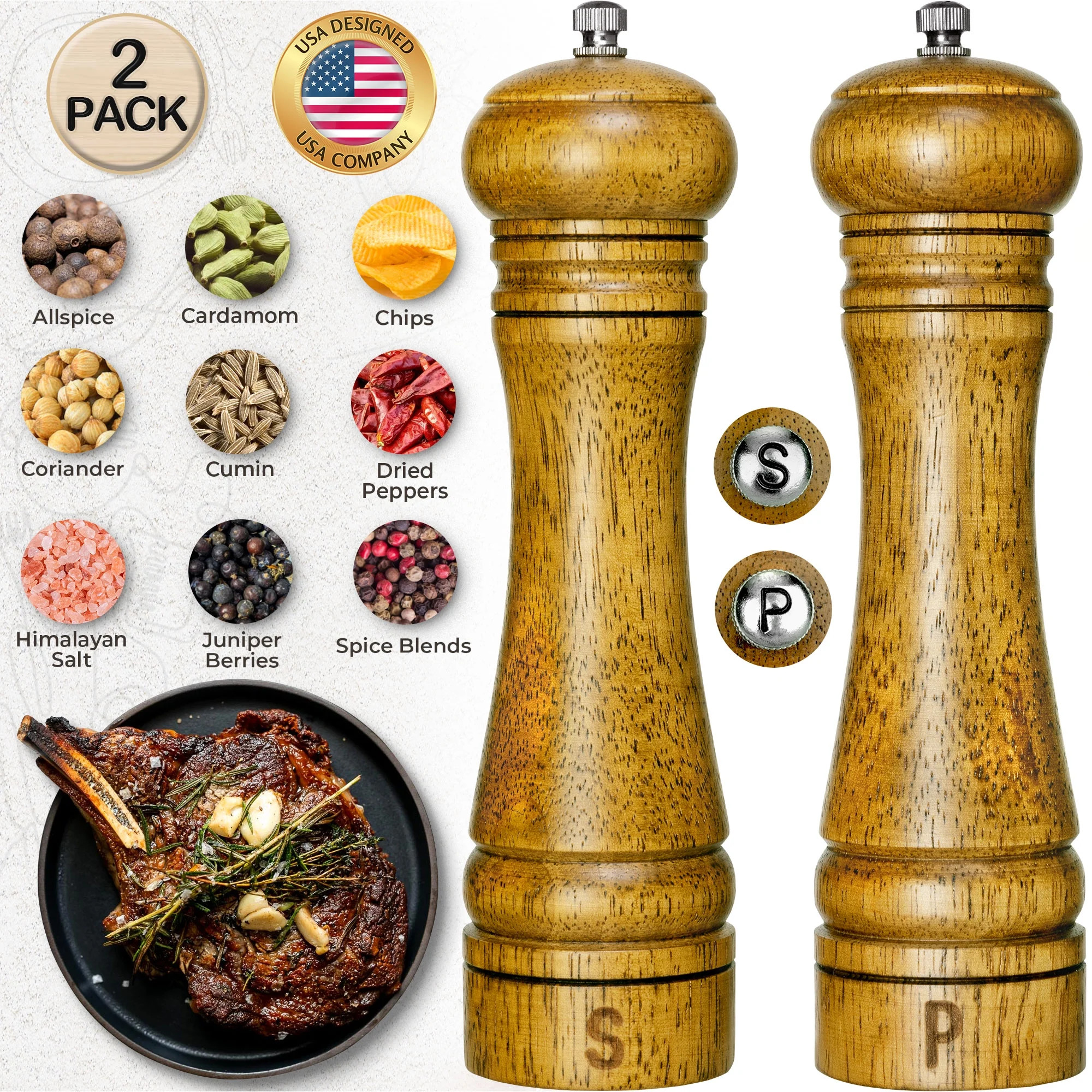 Oak Wood Salt and Pepper Grinders Set, 8.5 Inch Tall Refillable Salt & Pepper Mills by LavaPop | Walmart (US)