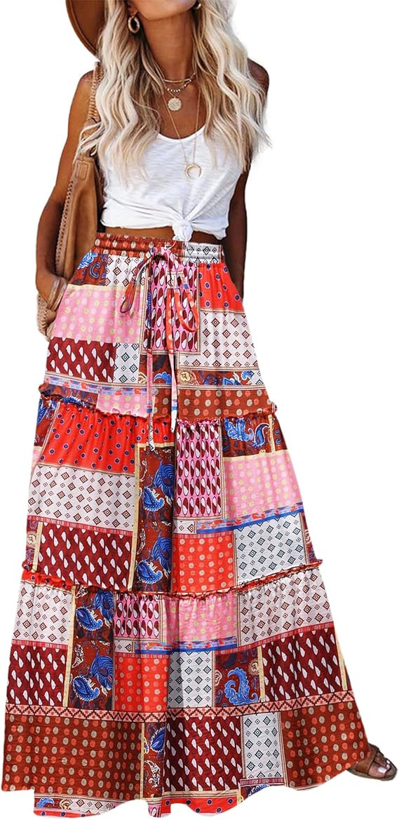 Zeagoo Maxi Skirts Boho Skirts Floral Printed Long Flowy Skirt | Amazon (US)