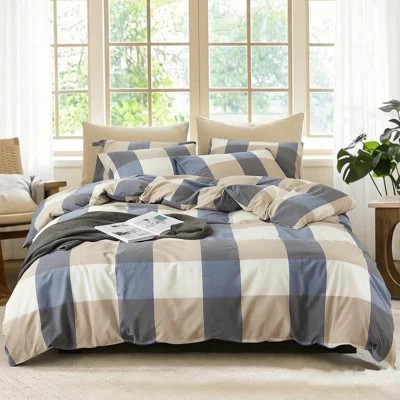 XINMIANFANG Gingham Duvet Cover Set,100% Washed Cotton,Linen Like Textured,Blue Tan Plaid Bedding,Zipper Closure,2 Pillow Shams | Wayfair North America