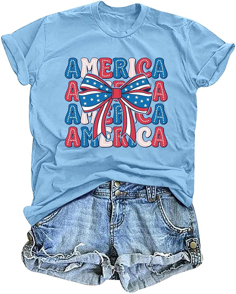 American Flag Shirt Women: 4th of July Shirts Coquette Bow T-Shirt USA Patriotic Casual Tops | Amazon (US)