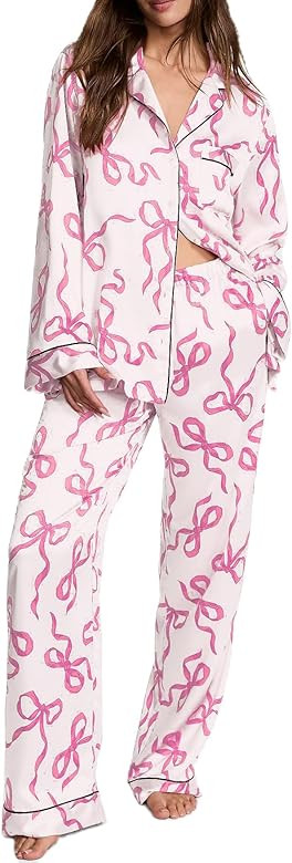 Yiulangde Cute Silky Pajama Set for Women Y2k 2 Piece Satin Preppy Pjs Long Sleeve Button down Pa... | Amazon (CA)