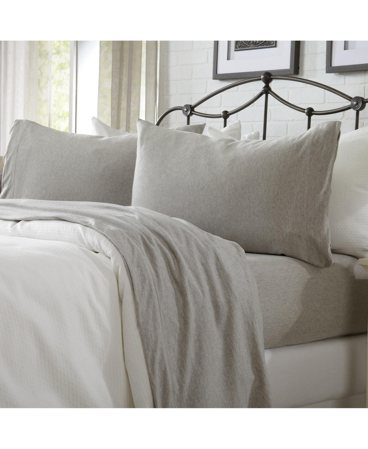 Linery & Co. Heathered Melange Cotton Jersey Knit Sheet Set - Light grey | Macy's