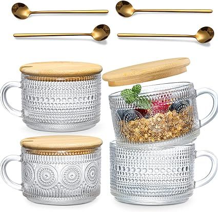 4pcs Set Vintage Coffee Mugs, Overnight Oats Containers with Bamboo Lids and Spoons - 14oz Clear ... | Amazon (US)