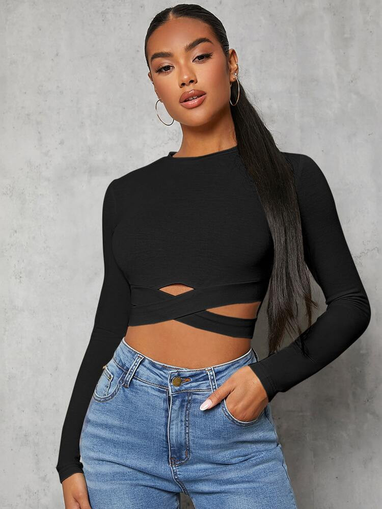 Solid Crew Neck Criss Cross Crop Tee | SHEIN