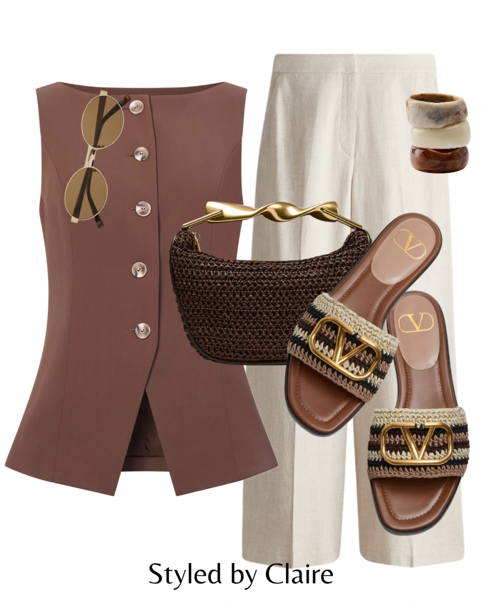 The waistcoat & sandals combo🙋🏽‍♀️
Tags: french connection brown top chaleco linen trousers neutral cream H&M Zara Valentino sandals woven raffia bag gold handle shoulder strap chunky bracelets sunglasses fashion spring summer inspo outfit ideas chic women’s style city break Barcelona Dubai special occasion brunch capsule wardrobe

#LTKsummer #LTKstyletip #LTKspring