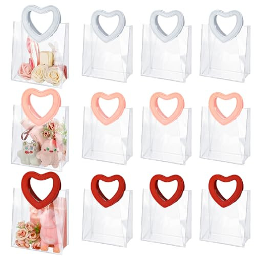 24 Pcs Valentine's Day Clear Plastic Gift Bags with Handle, 7 x 8 x 4 Inch Reusable Transparent P... | Amazon (US)