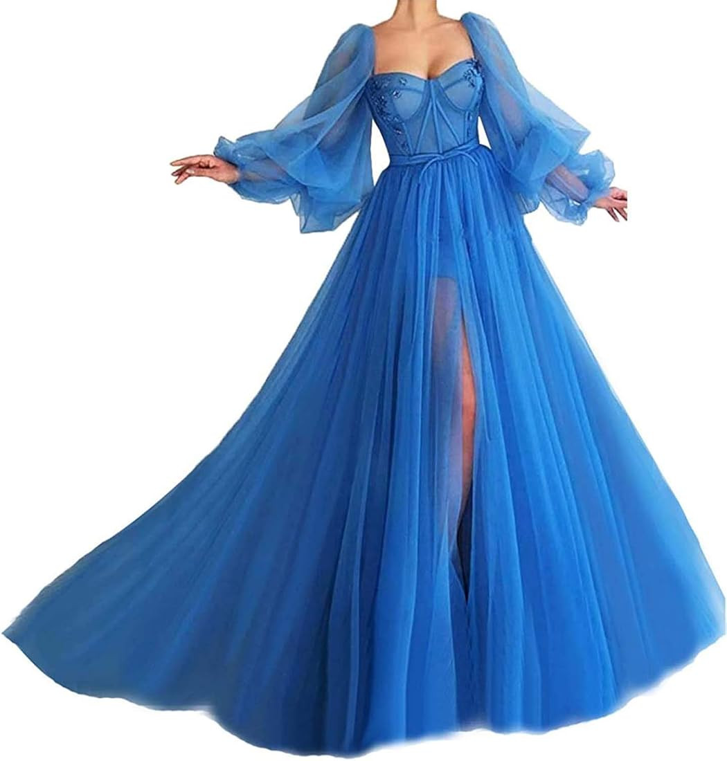 Tianzhihe Vintage Tulle Puffy Sleeve Prom Dress with Split Sweetheart Long Evening Party Gown | Amazon (US)