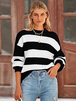 PRETTYGARDEN Womens 2024 Oversized Lantern Long Sleeve Striped Sweaters Fall Casual Crewneck Loos... | Amazon (US)