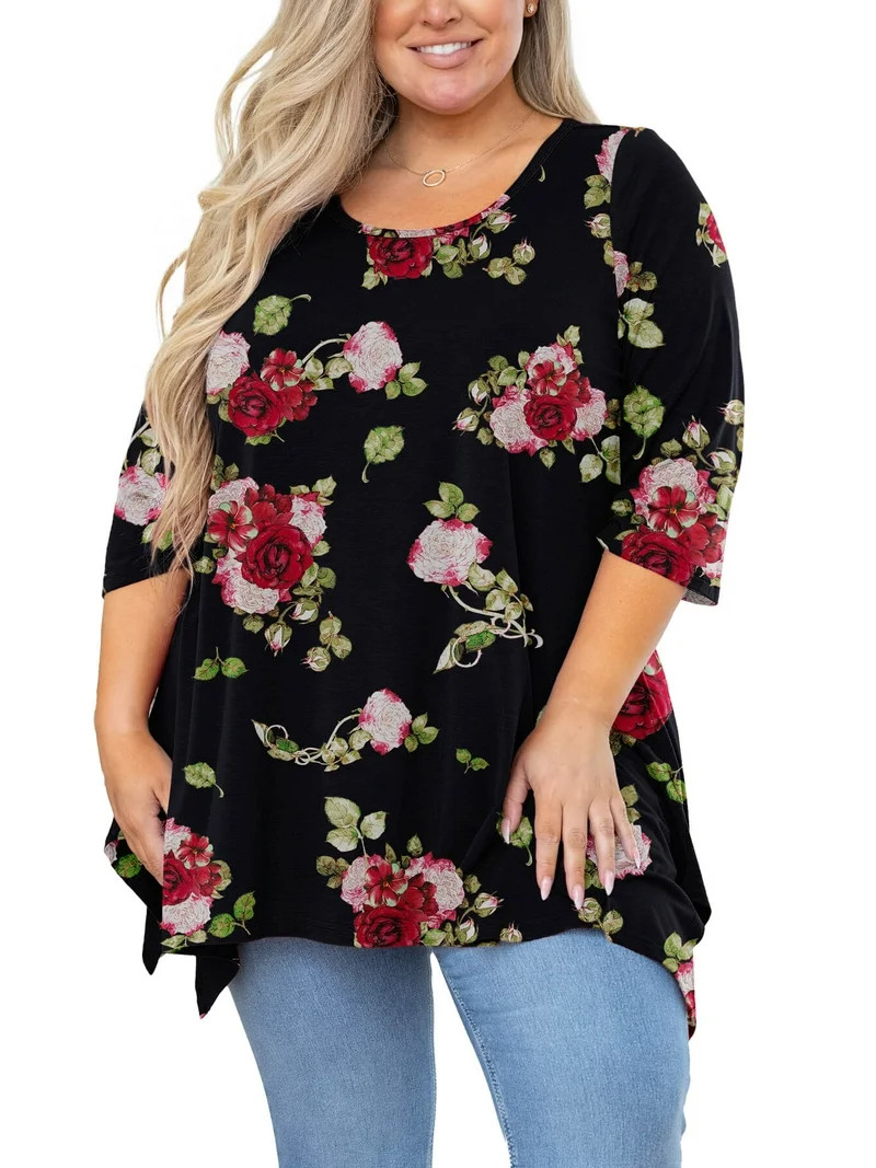 SHOWMALL Plus Size Tops for Women Tunic 3/4 Sleeve Clothes Midnight Red Rose 2X Blouse Swing Tuni... | Walmart (US)