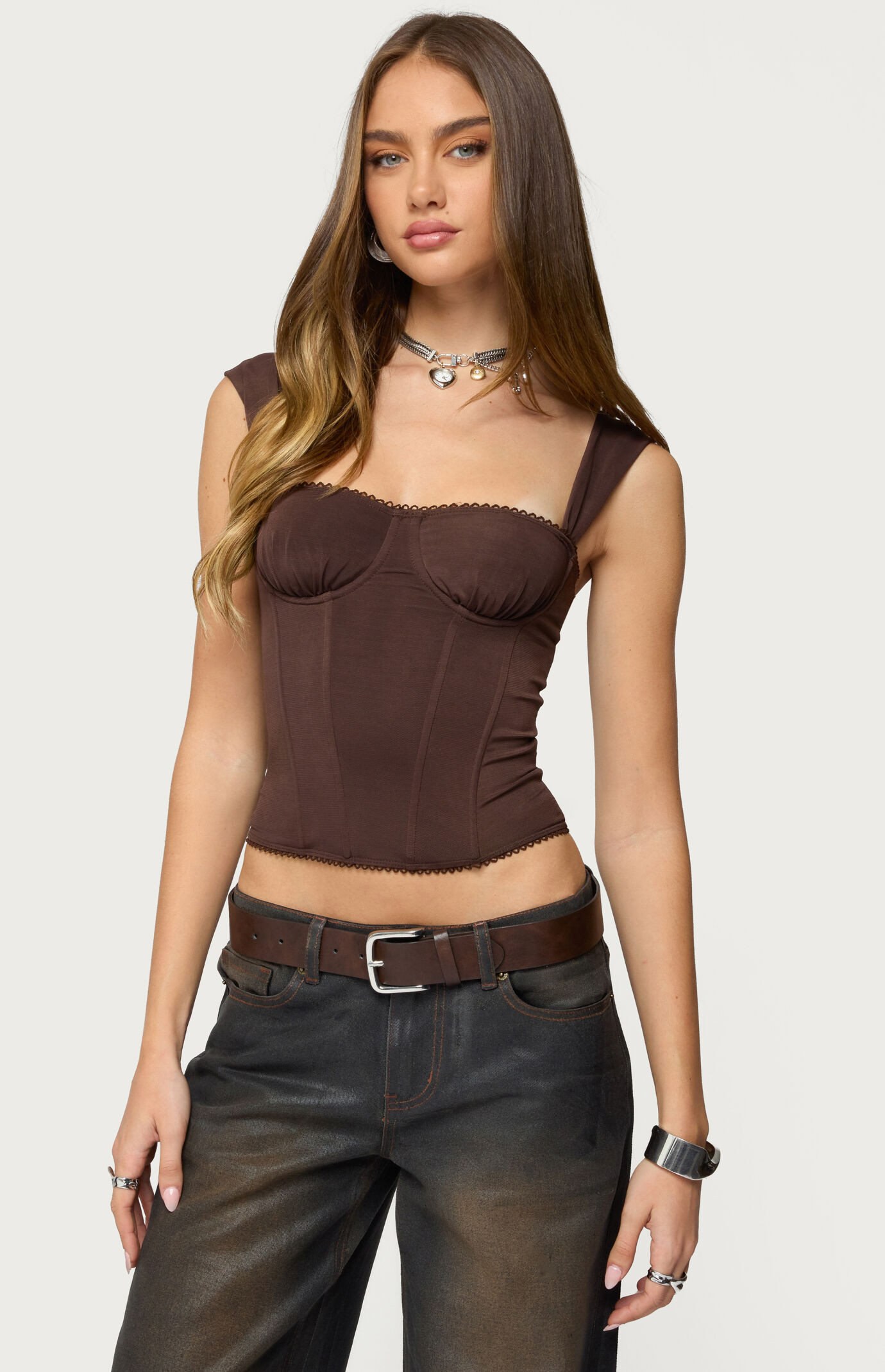 Edikted Women's Marcella Wide Strap Mesh Corset in Brown - Size Small | PacSun