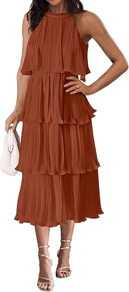 ZESICA Women's 2023 Summer Sleeveless Halter Neck Ruffle Tiered Layered Chiffon Flowy Swing Long ... | Amazon (US)