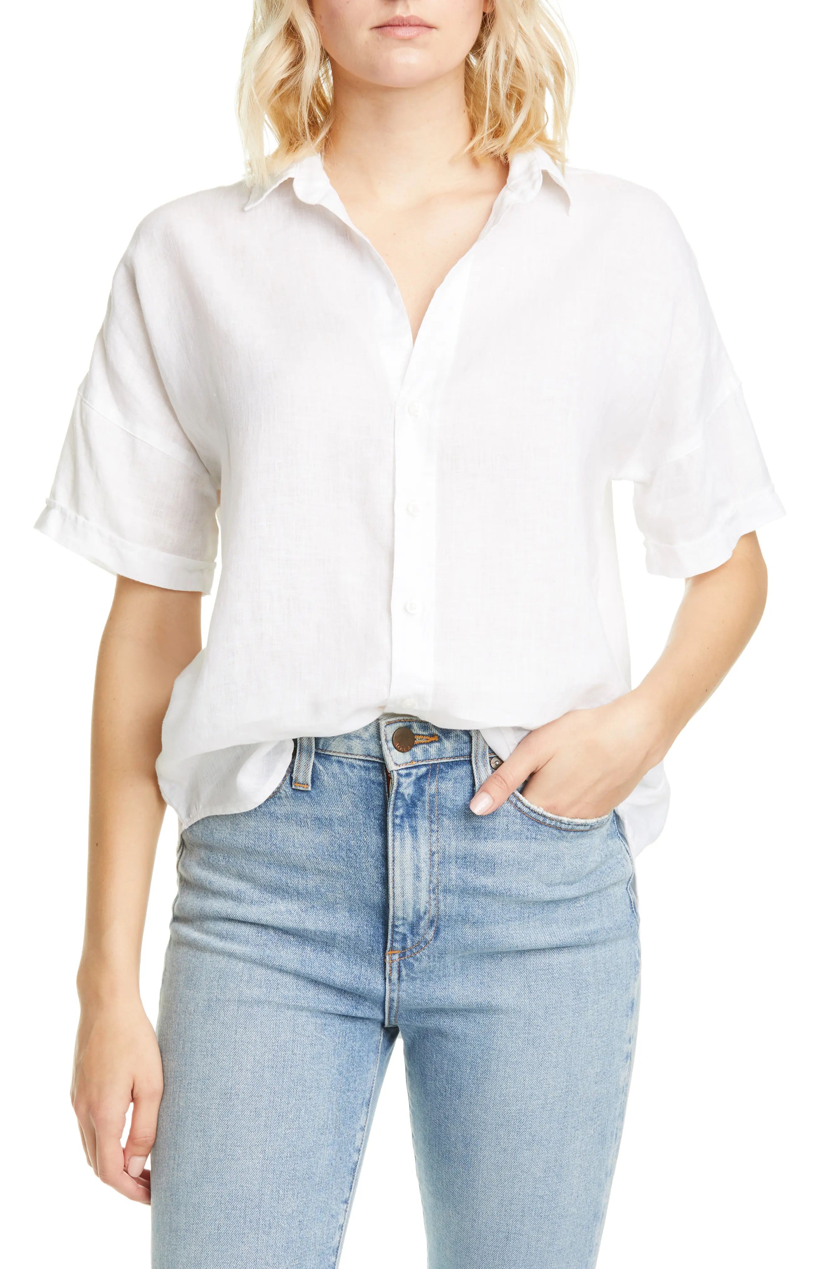 Women's Frank & Eileen Rose Short Sleeve Linen Button-Up Shirt, Size Medium - White | Nordstrom