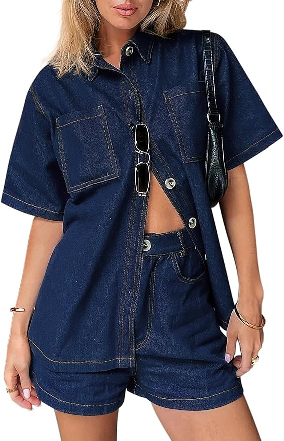 Womens Denim Set Casual Short Sleeve Denim Top and jeans Shorts Lounge Sets Summer Two Piece Sets... | Amazon (US)