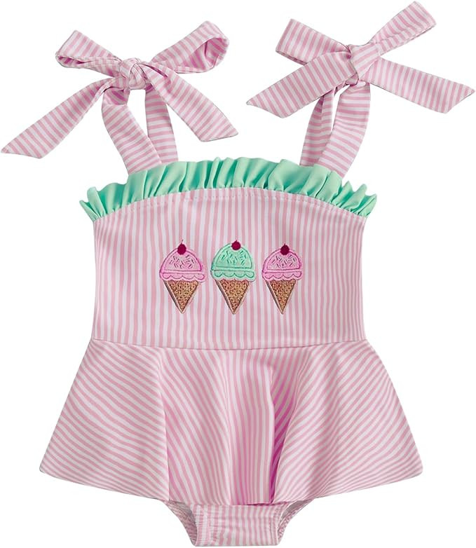 Baby Girl Swimsuits Ice Cream Embroidery Stripes Baby Girl Bathing Suit Trim Tie Infant Girl Swim... | Amazon (US)