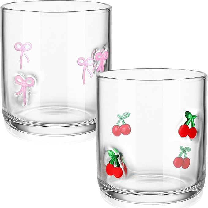 Skylety Set of 2 Pink Cherry Bow Icon Juice Glass 14oz Coquette Bow Glass Cup Pink Cherry Coffee ... | Amazon (US)