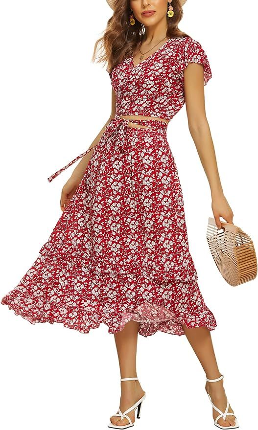 Hotouch Women 2 Piece Outfit Dress Floral Self Tie Knot Crop Top and Midi Skirt Set with Pocket | Amazon (US)