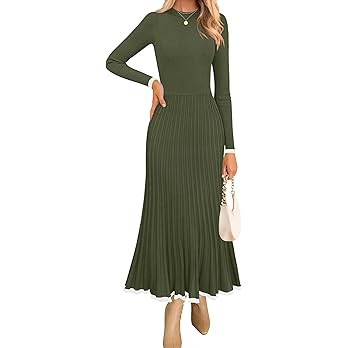 ZESICA Women's Long Sleeve Sweater Dress Fall 2025 Crewneck Ribbed Knit Pleated A-Line Maxi Weddi... | Amazon (US)