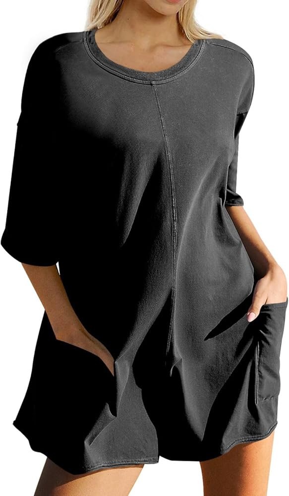 Ugerlov Women's Casual Rompers Half Sleeve Short Jumpsuits Athletic Scoop Neck Overalls Hot Shot ... | Amazon (US)