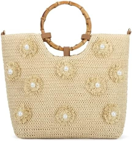 SUKUTU Flower Pearls Straw Tote Bag for Women Summer Beach Woven Top Handle Handbag with Adjustab... | Amazon (US)