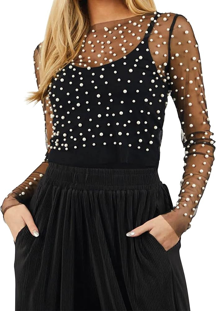 Lauweion Women See Through Sheer Pearl Tops Long Sleeve Slim Fit Elegant Mesh Pearl Shirts Cover ... | Amazon (US)