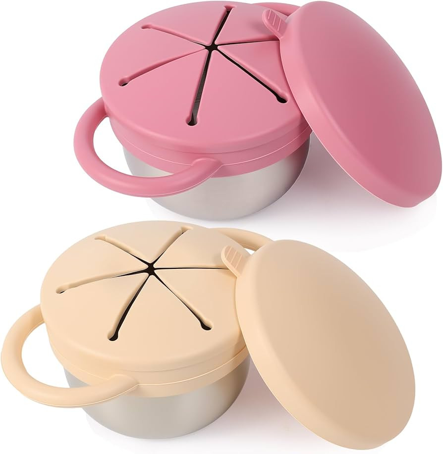 2 Pack Stainless Steel Spill Proof Snack Cup for Baby Toddlers Kids, with Silicone Food Catcher, ... | Amazon (US)