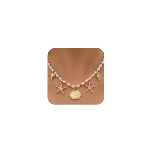 Dainty Gold Starfish Conch Oval Pearl SeaShell Necklace for Women Trendy, Statement Boho Shell Pearls Beaded Chain Necklaces Holiday Beach Party Jewelry (Gold) | Amazon (US)