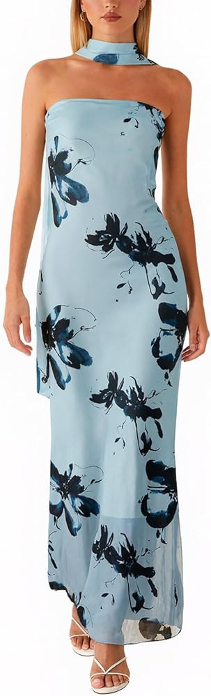 Women Floral Tube Maxi Dress with Scarf Summer Strapless Tube Bodycon Mesh Layer Cocktail Party W... | Amazon (US)