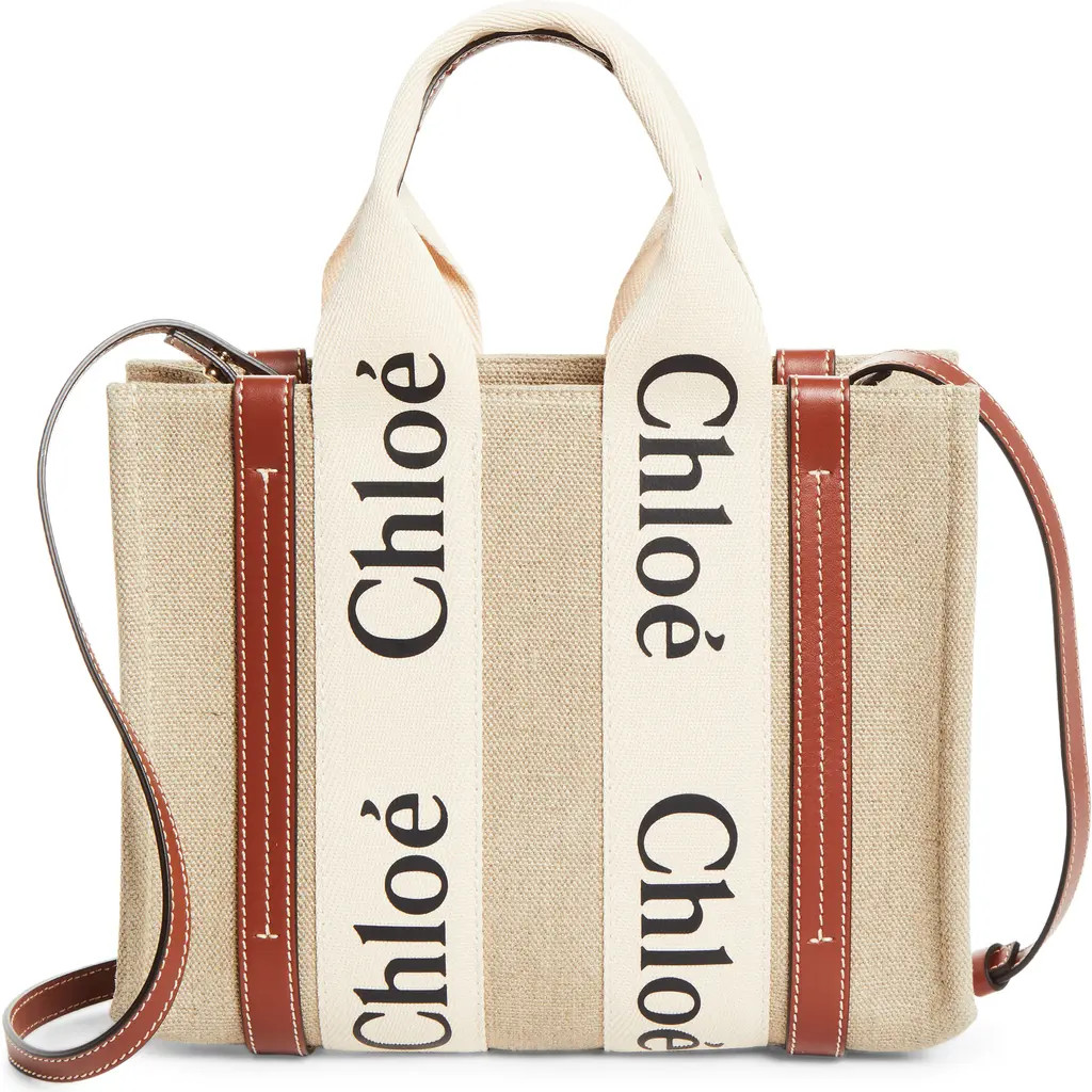 Chloé Small Woody Logo Strap Linen Tote in White - Brown at Nordstrom | Nordstrom