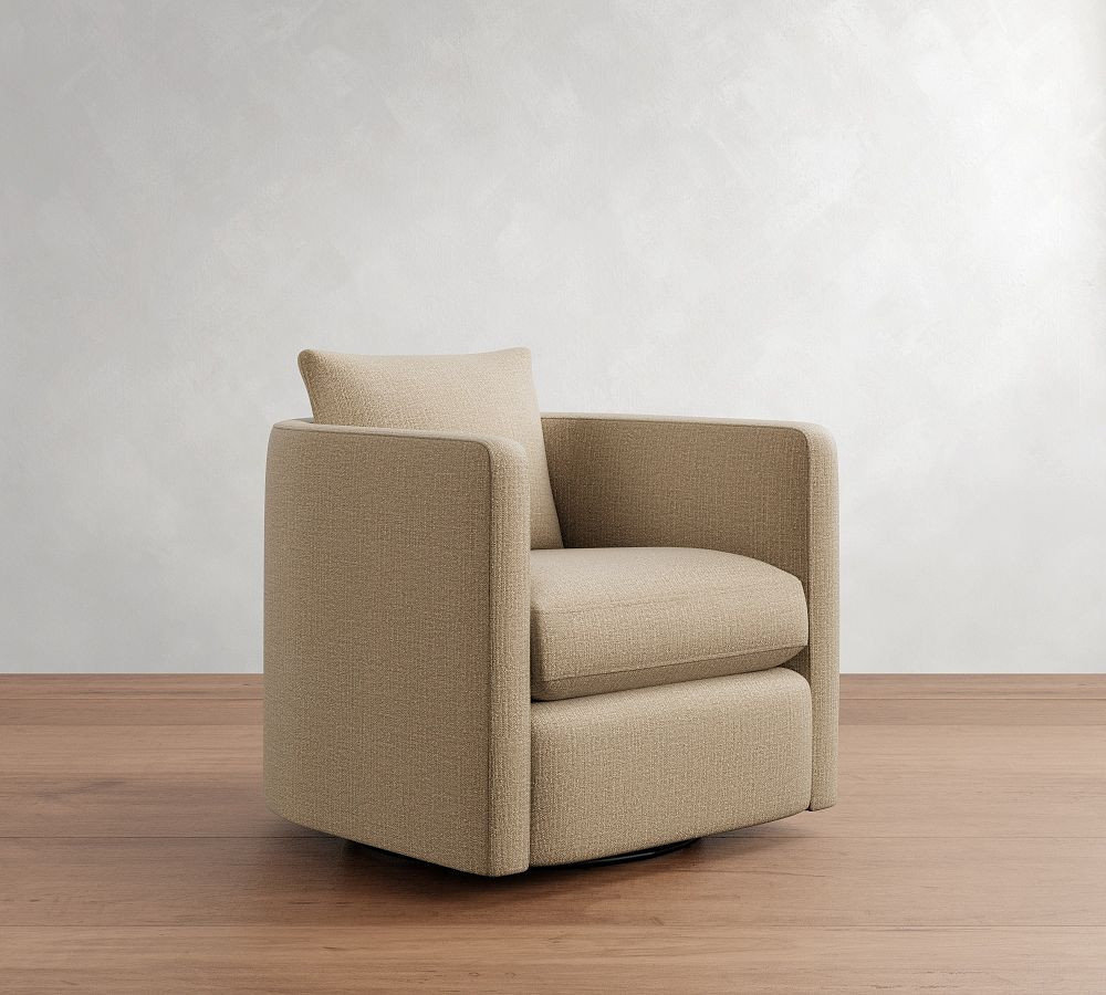 Ayden Upholstered Barrel Swivel Armchair, Polyester Wrapped Cushions, Performance Casual Chenille Parchment | Pottery Barn (US)