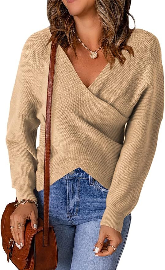KIRUNDO Women’s Long Sleeve Cross Wrap V Neck Knit Sweater Off Shoulder Backless Casual Solid P... | Amazon (US)