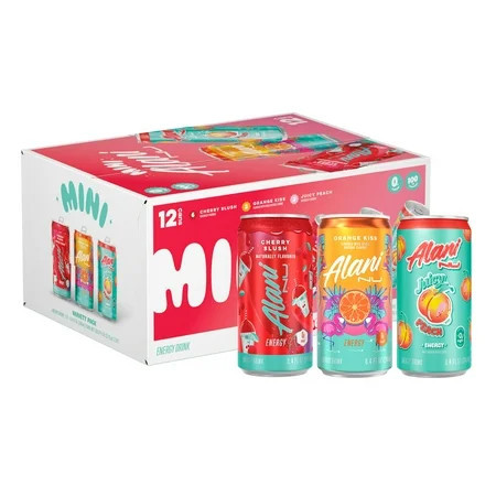 Alani Nu Sugar Free Energy Drink Mini, Variety Pack, Cherry Slush, Juicy Peach, Orange Kiss, 8.4 fl oz, 12 Pack, Cans, 100mg Caffeine | Walmart (US)