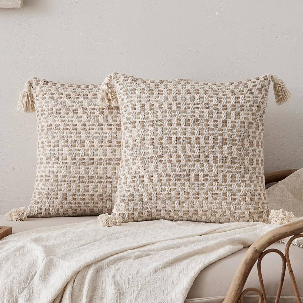 Anna's Whimsy Khaki Boho Cotton Throw Pillow Covers, 18x18 Inch Vintage Decorative Neutral Textuk... | Amazon (US)