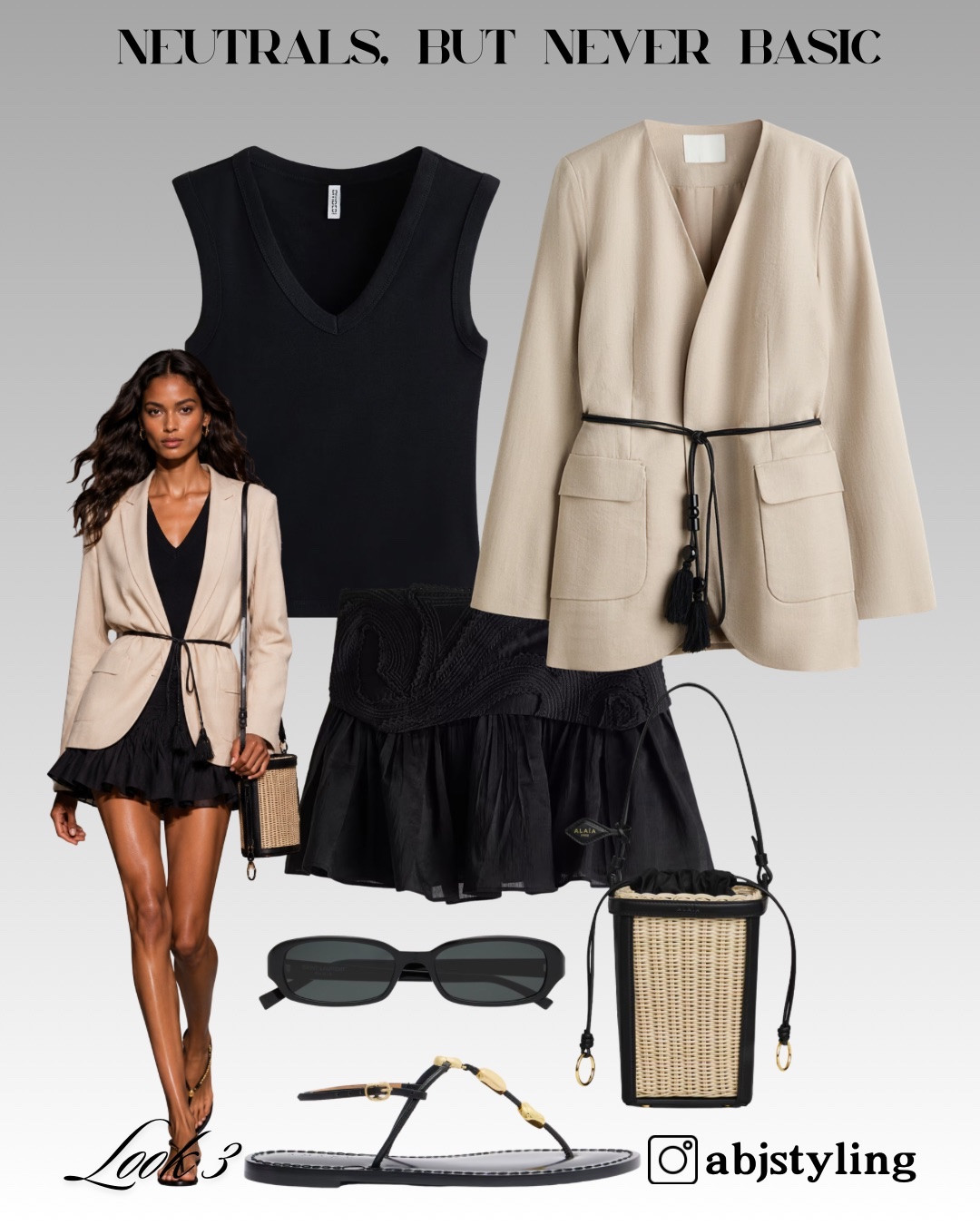A lightweight beige blazer instantly makes the black mini skirt feel more polished. The sleeveless V-neck knit keeps the layers streamlined, while the raffia bag adds a natural summer texture.

#LTKuk #LTKsummer #LTKeurope