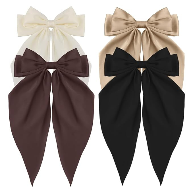 Silky Satin Hair Accessories - 4Pcs Large Oversized Ribbons, Long Tail Bowknot Barrettes with Met... | Amazon (US)