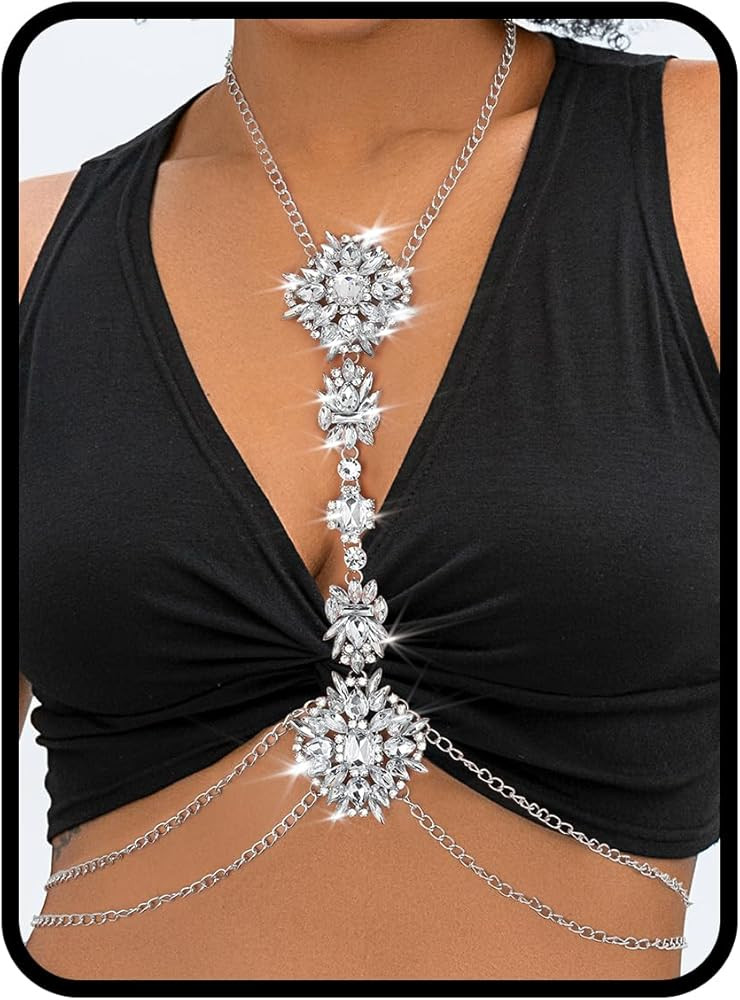 ELABEST Boho Rhinestone Statement Chest Chain Crystal Necklace Body Chain Summer Beach Body Jewel... | Amazon (US)