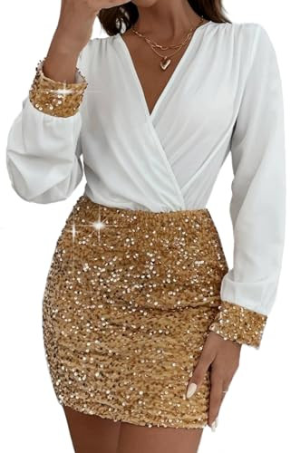 809 - Black Sheer Mesh Long Lantern Sleeves V Neck Sparkle Glitter Pencil Cocktail Dress (Lantern Sleeves White Gold, 2X) | Amazon (US)