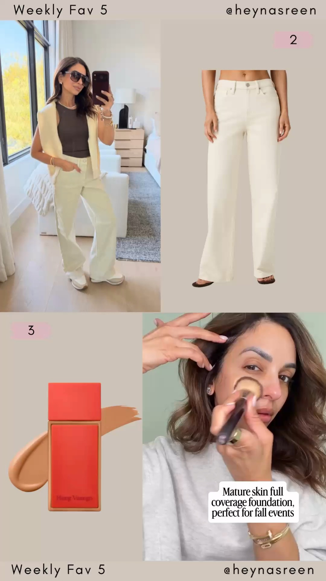 Fav 5:
#2: Vuori jeans love this bone color, I wearing my true size 24 in the 30” inseam 
#3: Hung Vanngo Beauty foundation, I’m wearing a shade 12 in this full coverage foundation