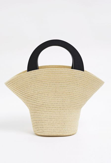 Bucket Hat Shape Woven Straw Beach Bag in Linen | Chicwish