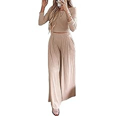 BTFBM Women's Two Piece Lounge Set Long Sleeve Bodycon Ribbed Knit Crop Top Loose Wide Leg Pant C... | Amazon (US)