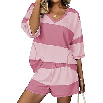 Ekouaer Two Piece Sets for Women Summer Lounge Sets 2026 Striped Shirts and Shorts Set Oversized ... | Amazon (US)