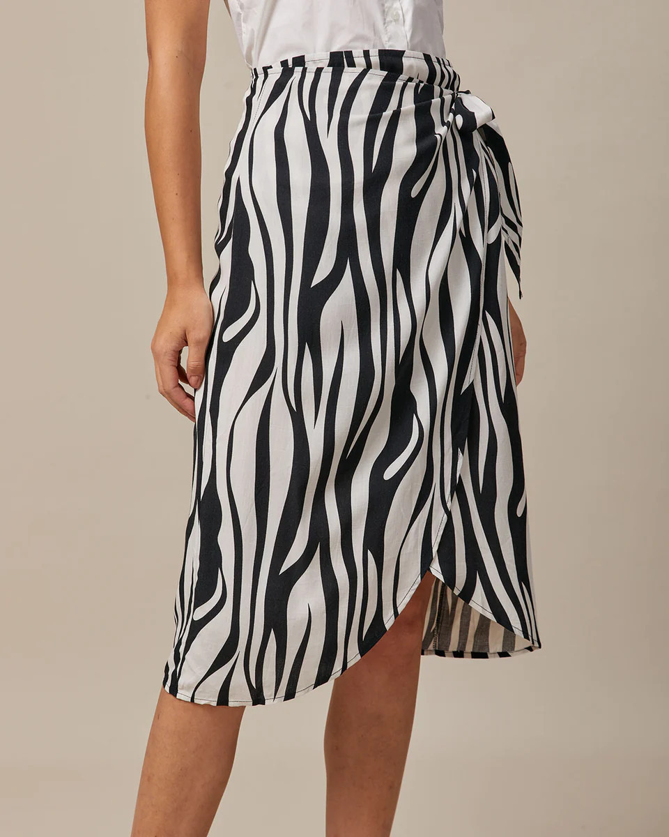 The Black Zebra Print Wrap Slit Midi Skirt | rihoas.com
