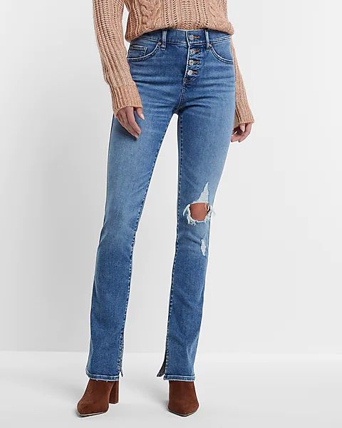 Mid Rise Medium Wash Ripped Button Fly Skyscraper Jeans | Express