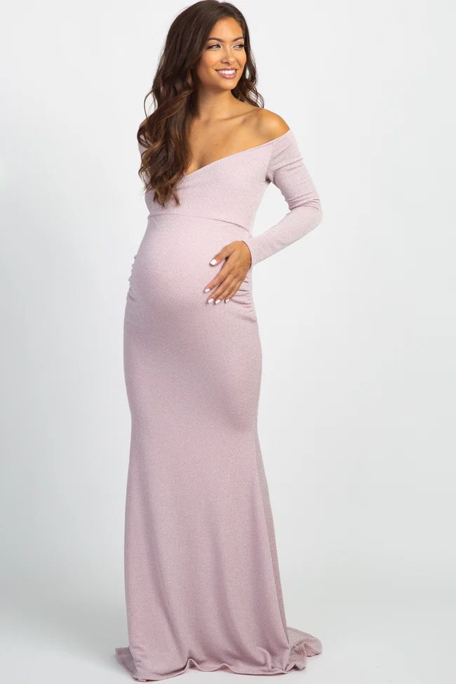 PinkBlush Pink Metallic Off Shoulder Long Sleeve Wrap Maternity Photoshoot Gown/Dress | PinkBlush Maternity