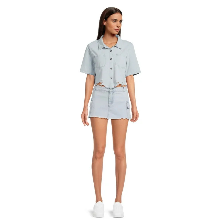 Madden NYC Juniors Cropped Denim Shirt with Destructed Hem | Walmart (US)