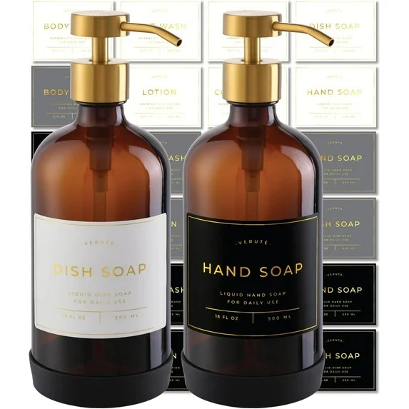 Hand and Dish Soap Dispenser for Kitchen and Bathroom, Set of 2 16 Oz Glass Bottles, Stainless St... | Walmart (US)