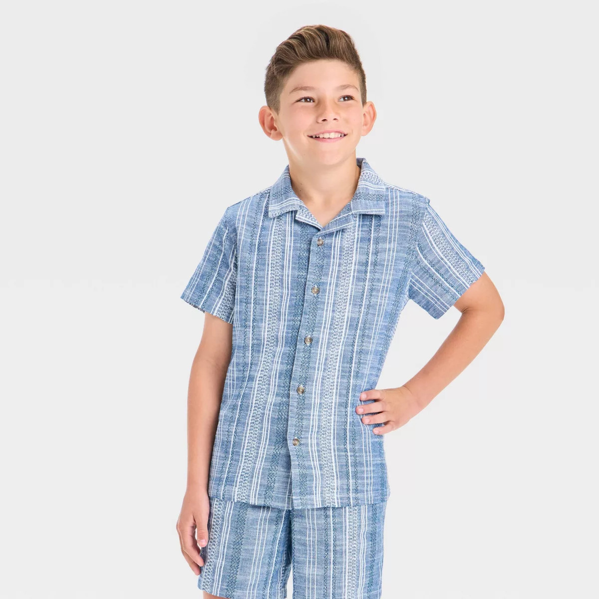 Boys' Short Sleeve 4th of July Button-Up Textured Gauze Shirt - Cat & Jack™ Light Blue | Target