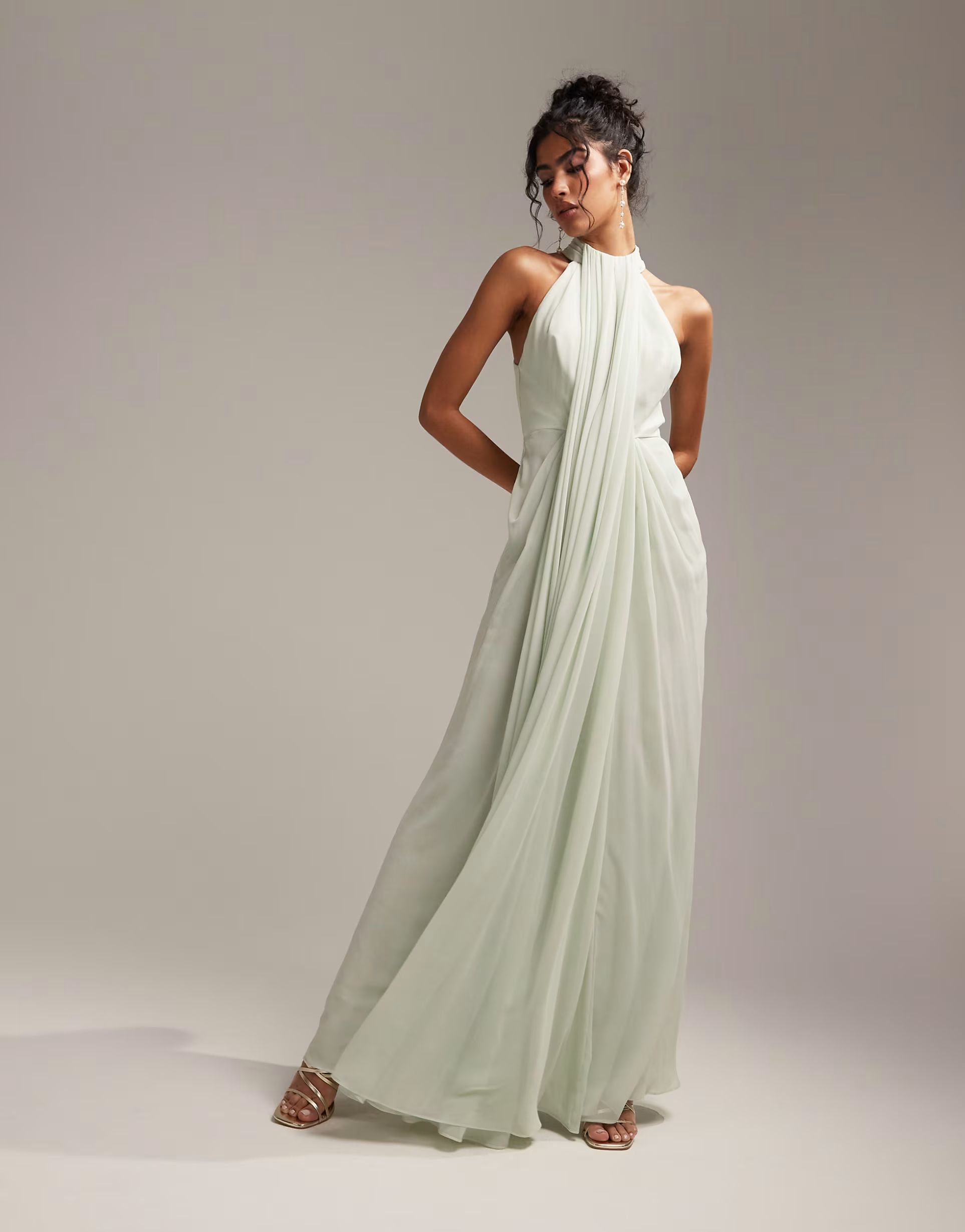 ASOS DESIGN Bridesmaids grecian draped halter maxi dress in sage green | ASOS (Global)