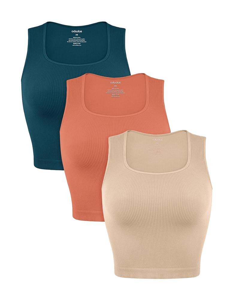 ODODOS Seamless Square Neck Tank for Women Ribbed Soft Sleeveless Longline Crop Tops | Amazon (US)