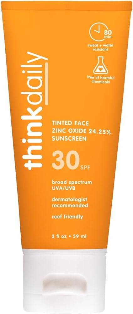 Thinkdaily Tinted Sunscreen for Face, SPF 30, 24.25% Zinc Oxide, 2 Oz, Safe, Natural, Water Resis... | Amazon (US)