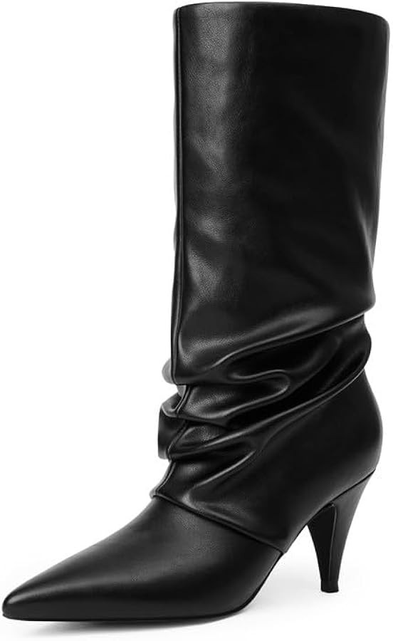 Modatope Slouchy Mid Calf Boots for Women Pointed Toe Chunky Heel Boots Faux Flod Over Slip on Wo... | Amazon (US)